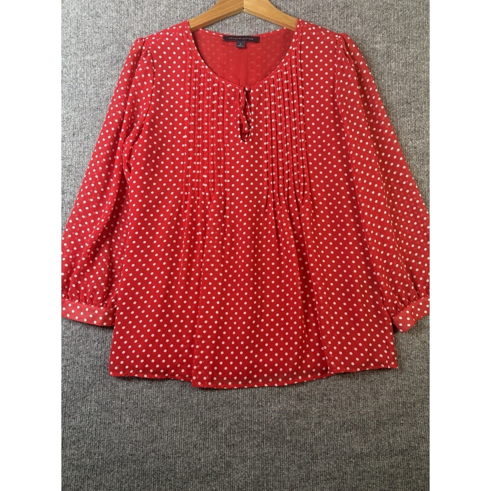 Tommy‎ Hilfiger Womens Red Polka Dot Blouse Size M Long Sleeve Tie Neck